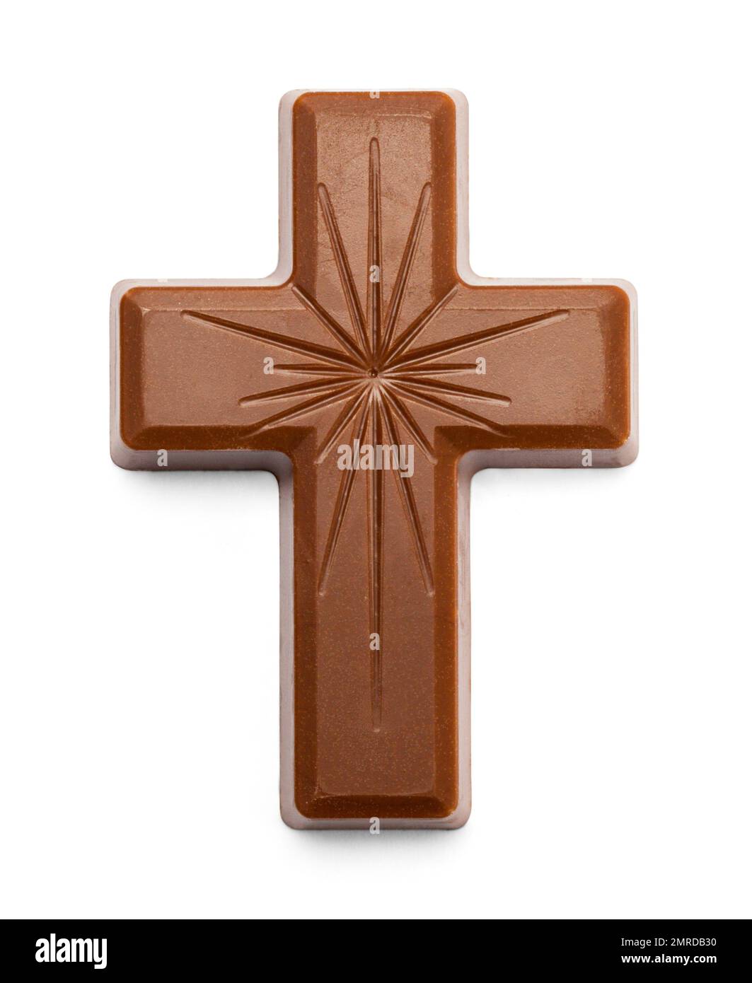 Piccola croce di cioccolato tagliata sul bianco. Foto Stock