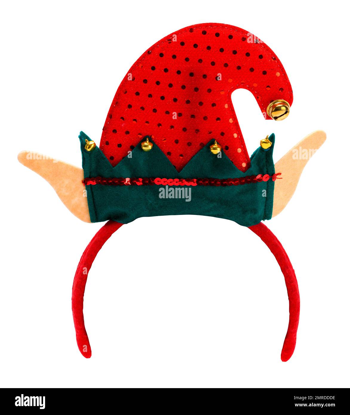 Fascia con cappello a elfo rosso e verde tagliata sul bianco. Foto Stock
