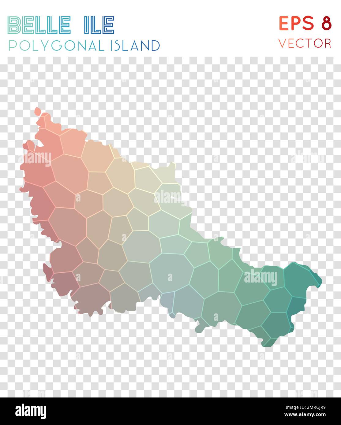 Belle Ile carta poligonale, isola in stile mosaico. Fantasioso e basso stile poly, design moderno. Mappa poligonale Belle Ile per infografiche o presentazioni. Illustrazione Vettoriale