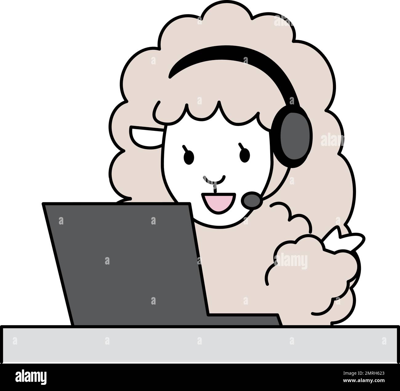 Una pecora che indica mentre guarda un computer portatile. Illustrazioni animali umorose. Illustrazione Vettoriale