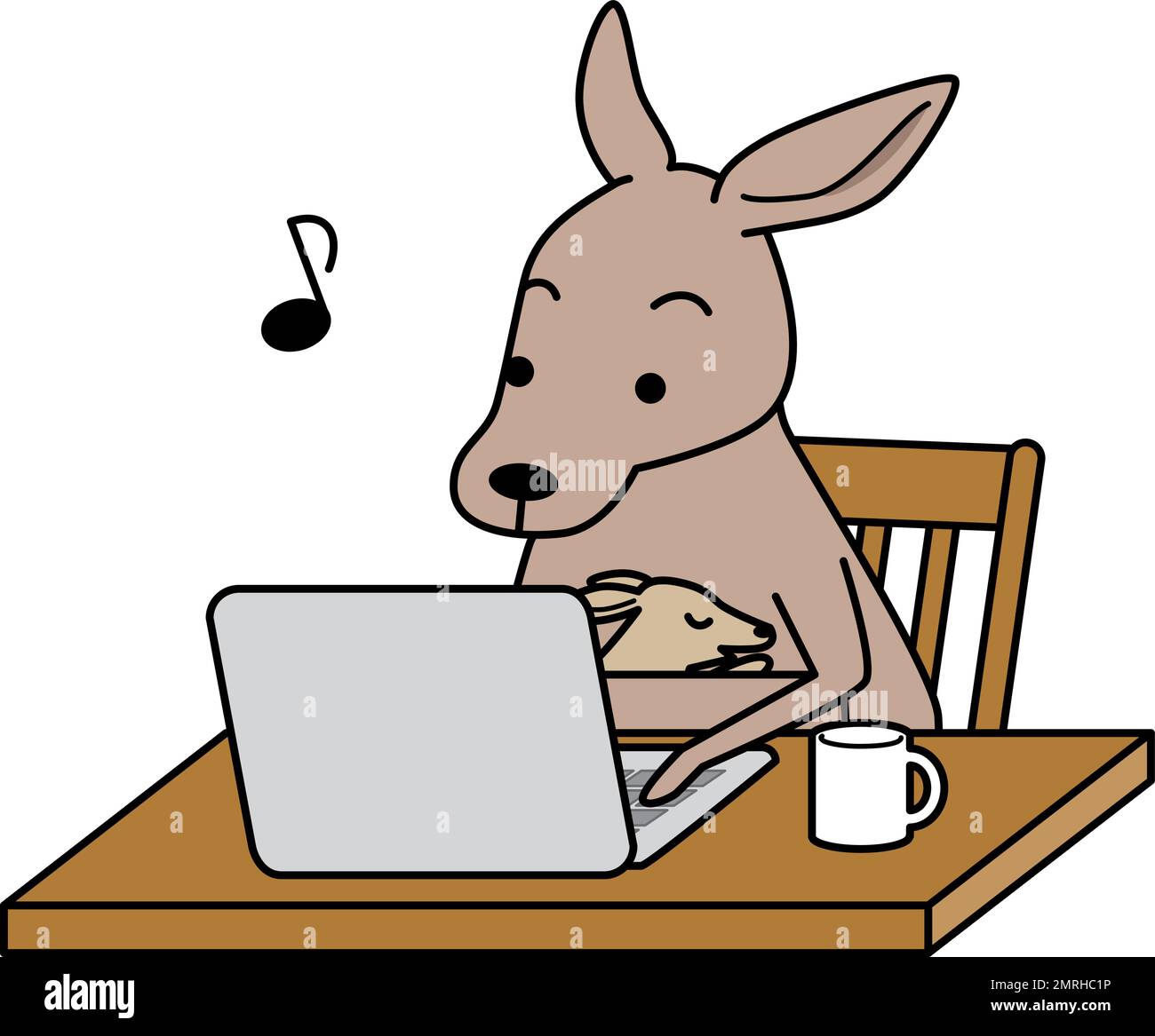 Kangaroo allevando un bambino che guarda un computer. Illustrazioni animali umorose. Illustrazione Vettoriale