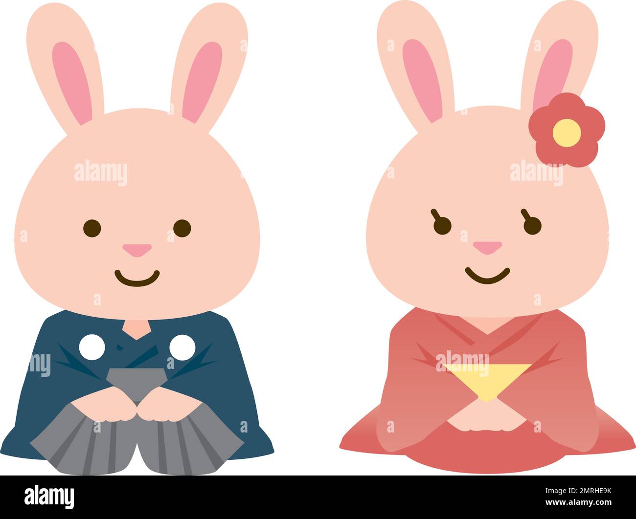 Due conigli maschi e femmine che indossano kimono e sono seduti in posizione eretta. Cartellino di Capodanno per l'anno zodiacale del coniglio. Illustrazione Vettoriale