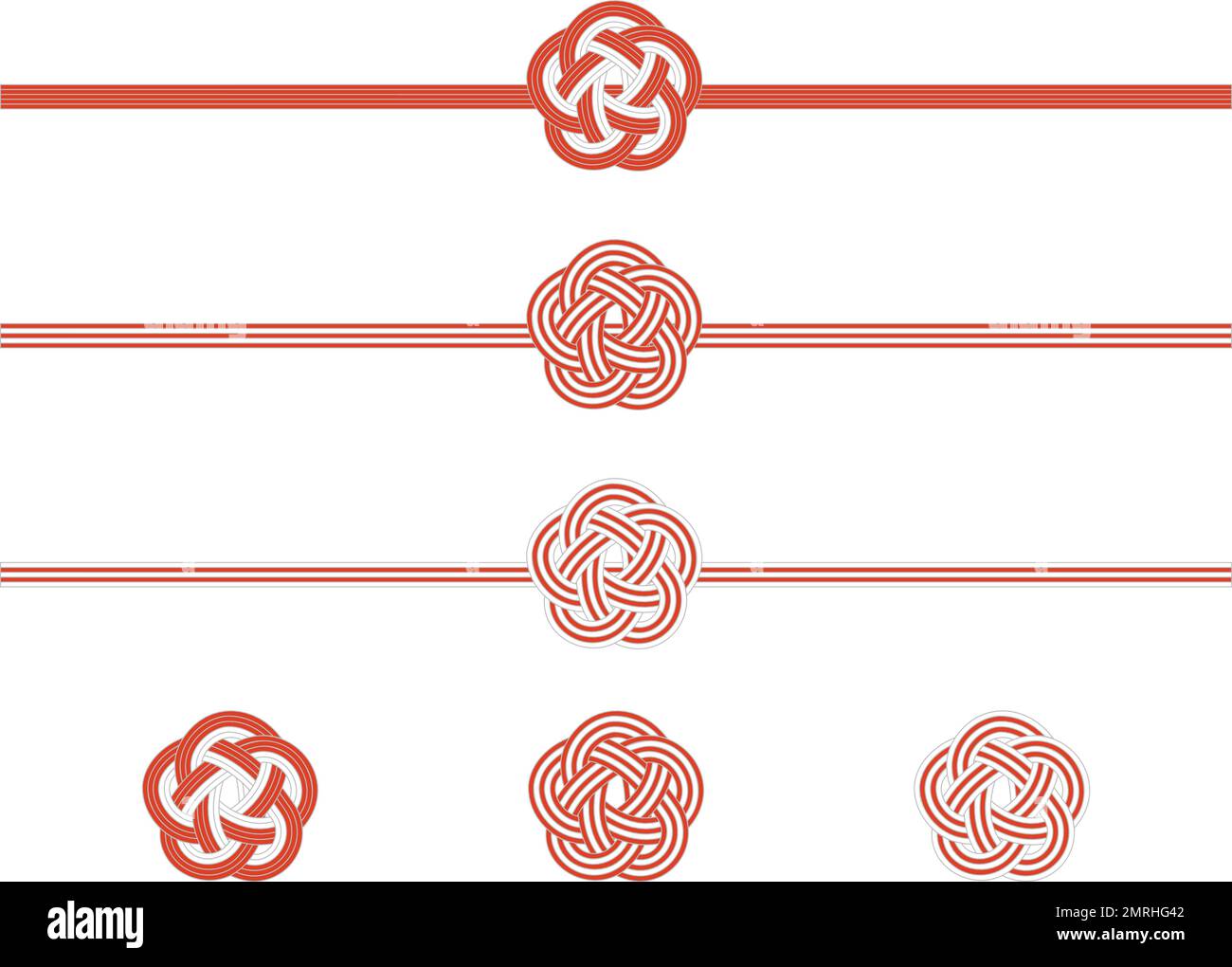 UME knot mizuhiki realizzato con cinque corde rosse e bianche. Ornamento tradizionale Giapponese. Illustrazione Vettoriale