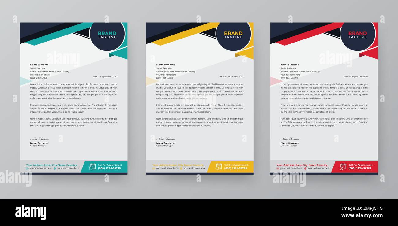 Carta intestata, cancelleria e modello di identità del marchio moderno con 3 varianti di colore Illustrazione Vettoriale