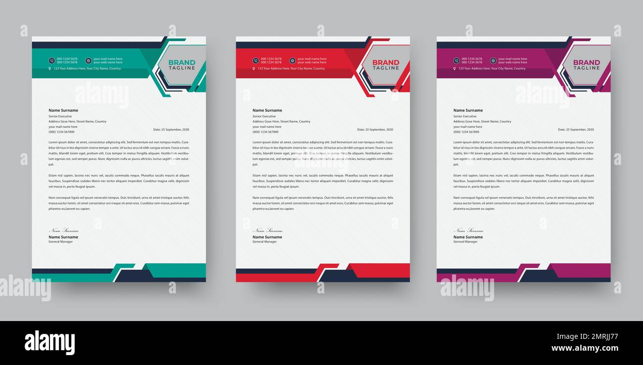 Carta intestata, cancelleria e modello di identità del marchio moderno con 3 varianti di colore Illustrazione Vettoriale