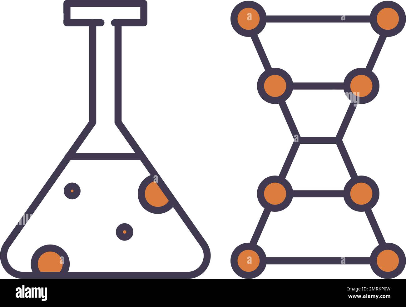 Vettore scientifico. Icona del laboratorio medico. Concetto di chimica, biologia e medicina. Design astratto della struttura di fiasche chimiche in vetro e molecole di dna Illustrazione Vettoriale