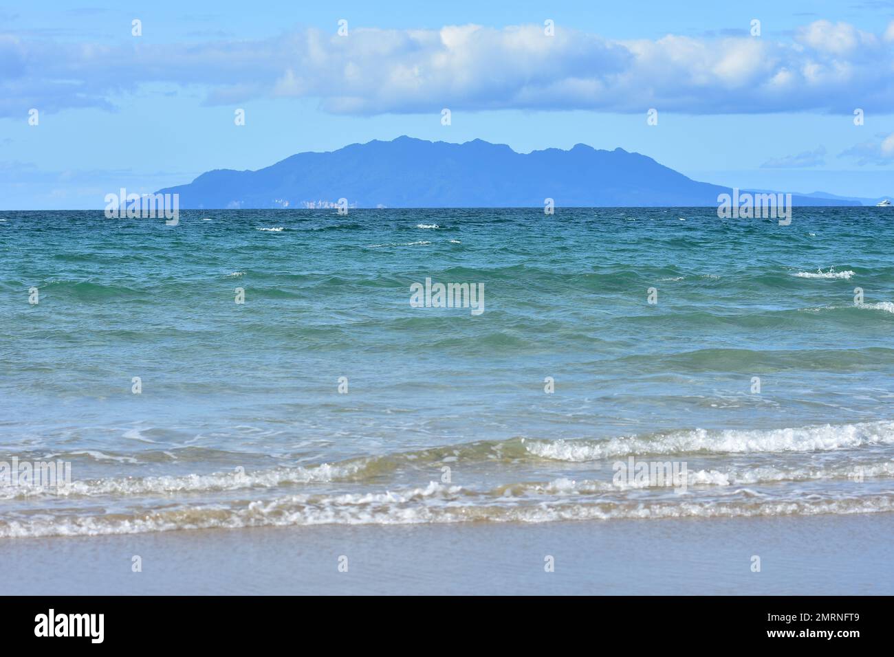 Little Barrier Island dietro la spiaggia di sabbia oceanica con mite surf. Ubicazione: Penisola di Taharanui Nuova Zelanda Foto Stock