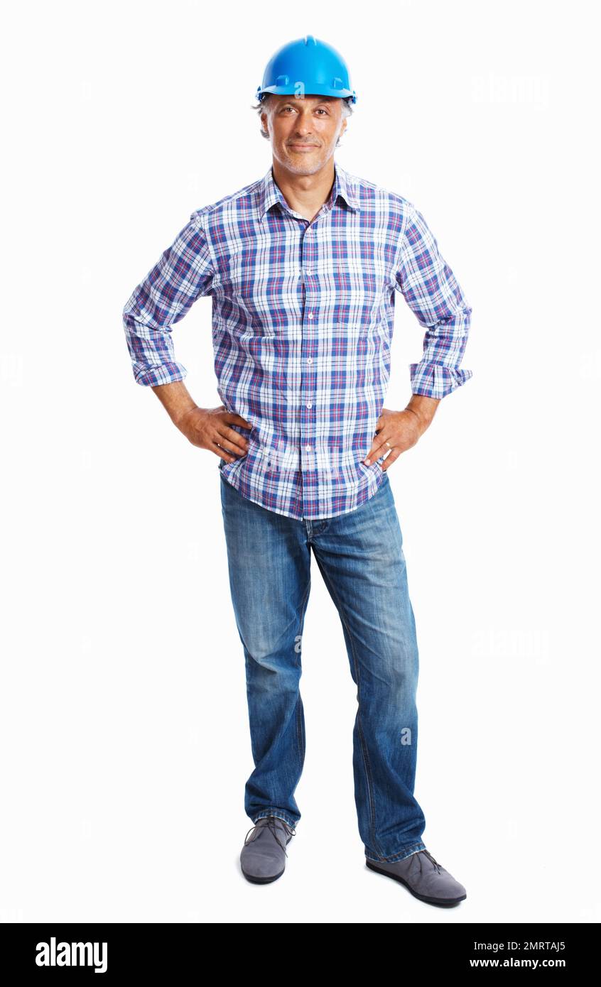 Architetto sicuro. Lunga e sicura architettura che si erge su sfondo bianco. Foto Stock