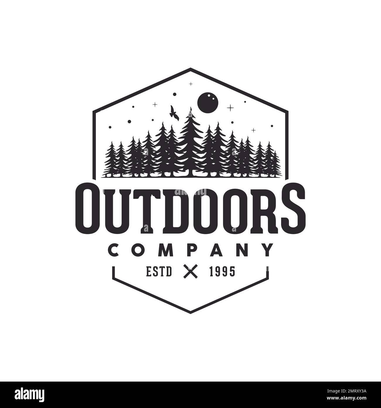 Simbolo con il logo Wild Outdoors prima che venga la notte. Illustrazione vettoriale Illustrazione Vettoriale