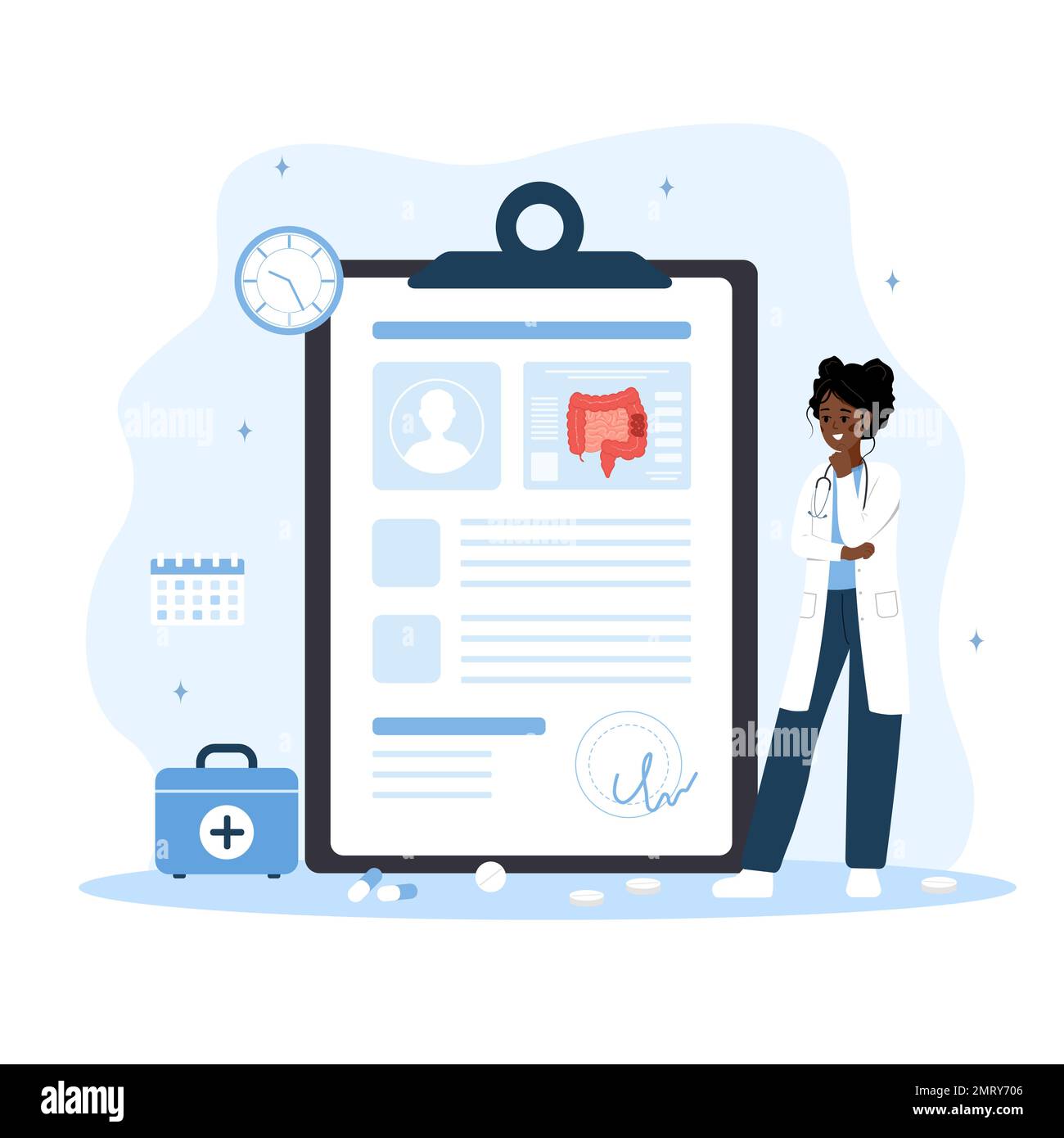 Concetto di proctologo. Medico di sesso femminile fare la diagnosi e scegliere i metodi di trattamento. Donna africana in laboratorio di analisi del cappotto intestino. Prevenzione del cancro Illustrazione Vettoriale