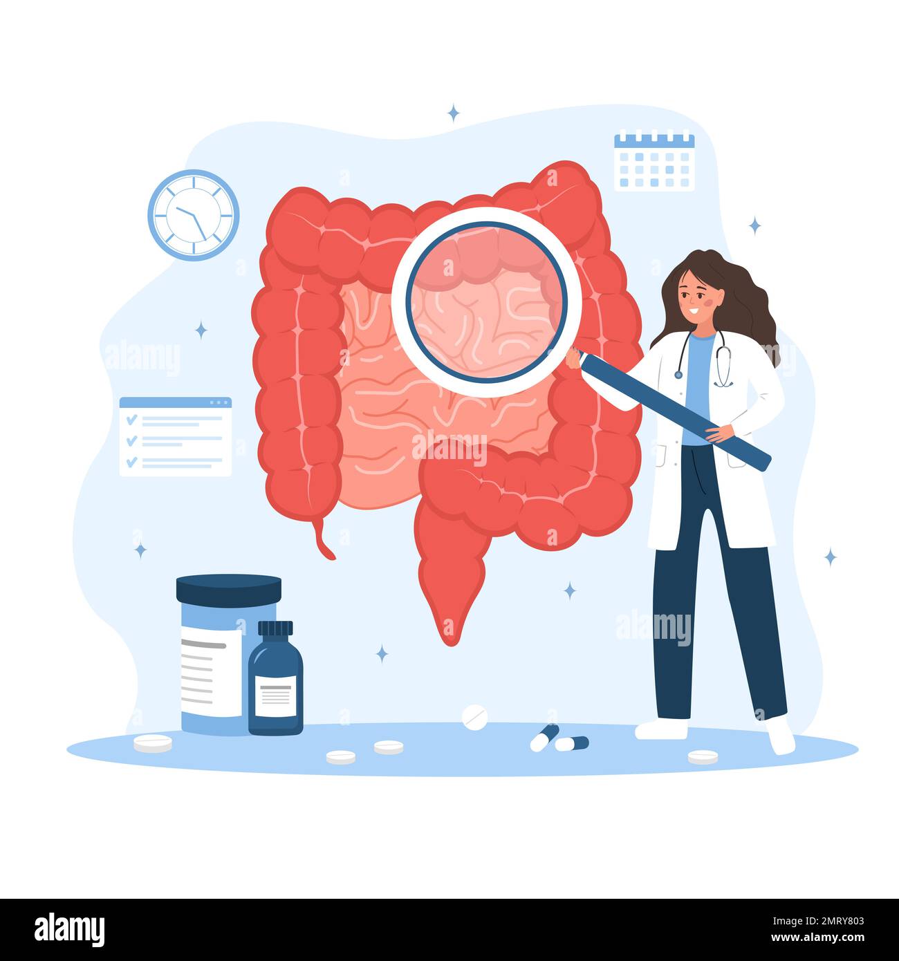 Concetto di proctologo. Medico di sesso femminile con lente di ingrandimento esaminare l'intestino. Donna in laboratorio analisi cappotto zona perianale. Controllo medico. Illustrazione vettoriale Illustrazione Vettoriale