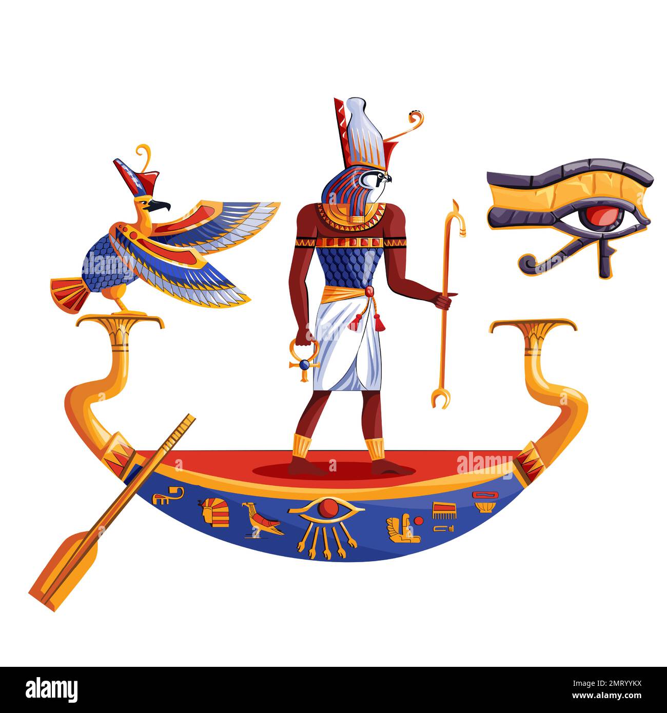 Antico Egitto sole dio Ra o Horus cartoon illustrazione vettoriale. Simboli religiosi della cultura egiziana, antico dio-falco in barca di notte o di giorno, uccello sacro, isolato su sfondo bianco Illustrazione Vettoriale