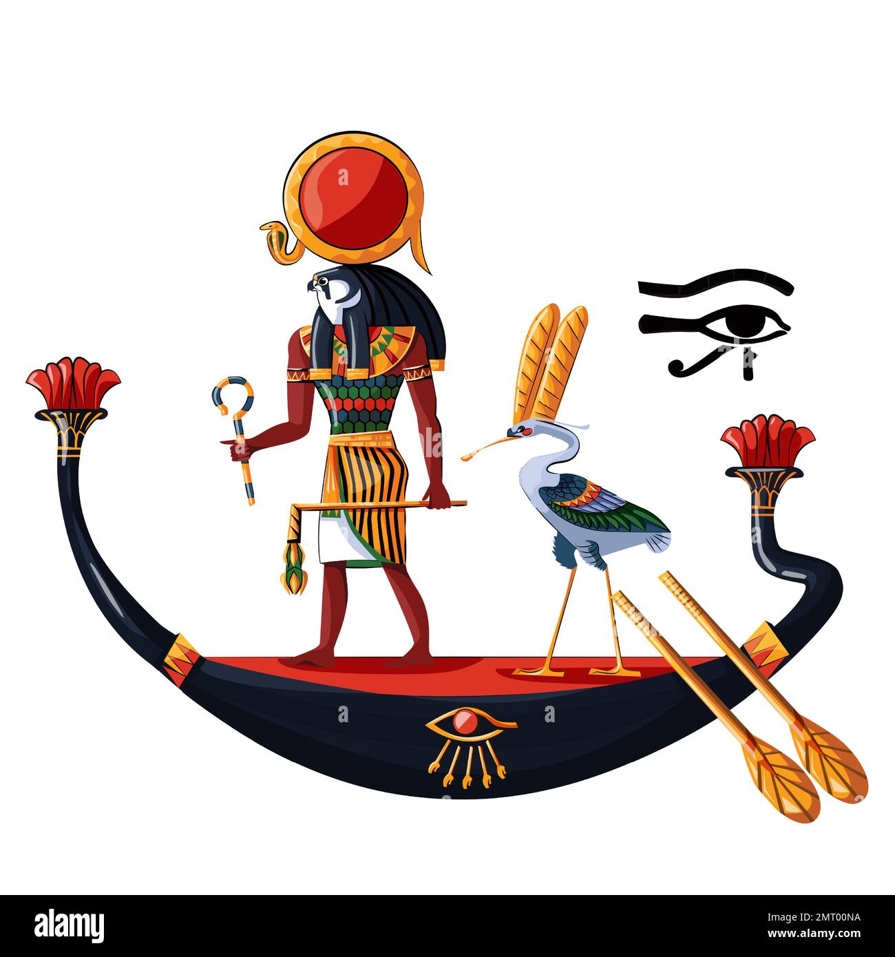 Antico Egitto sole dio Ra o Horus in barca di legno cartoon illustrazione vettoriale. Simbolo religioso della cultura egiziana, antico dio-falco in barca di notte o di giorno, uccello sacro ibis, isolato su sfondo bianco Illustrazione Vettoriale