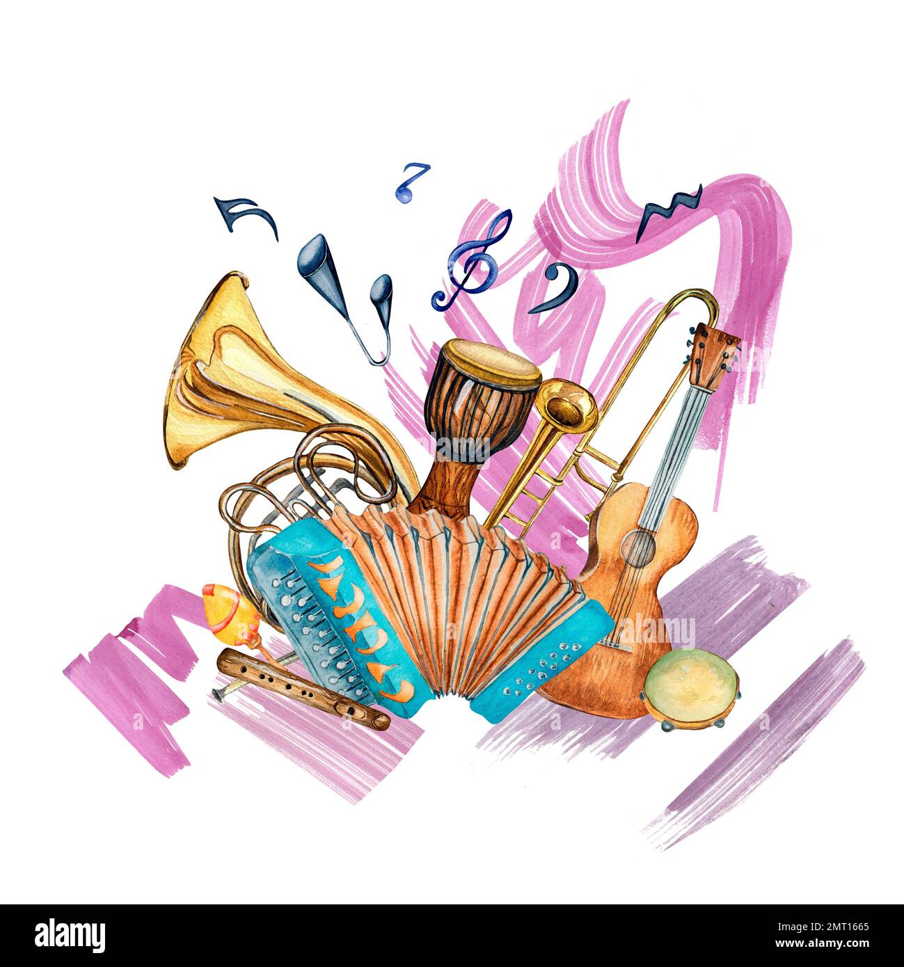 Strumenti musicali Jazz illustrazione acquerello e pittura traccia sfondo  isolato. Fisarmonica, djembe, corno francese, flauto disegnata a mano.  Design Elemen Foto stock - Alamy