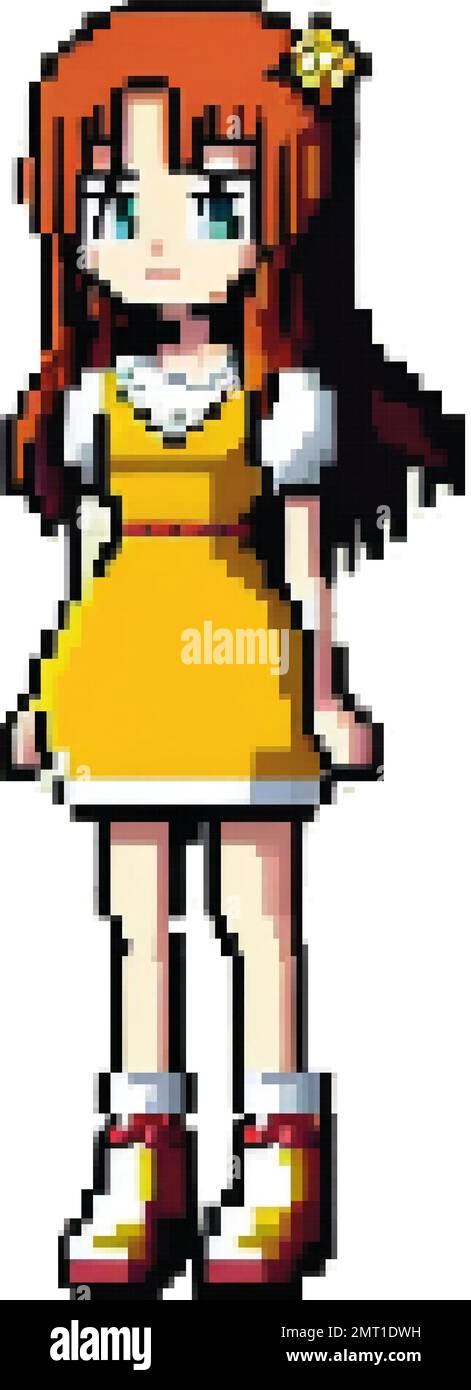 anime girl con capelli rossi fluenti e un vestito giallo pixel arte illustrazione vettore Illustrazione Vettoriale