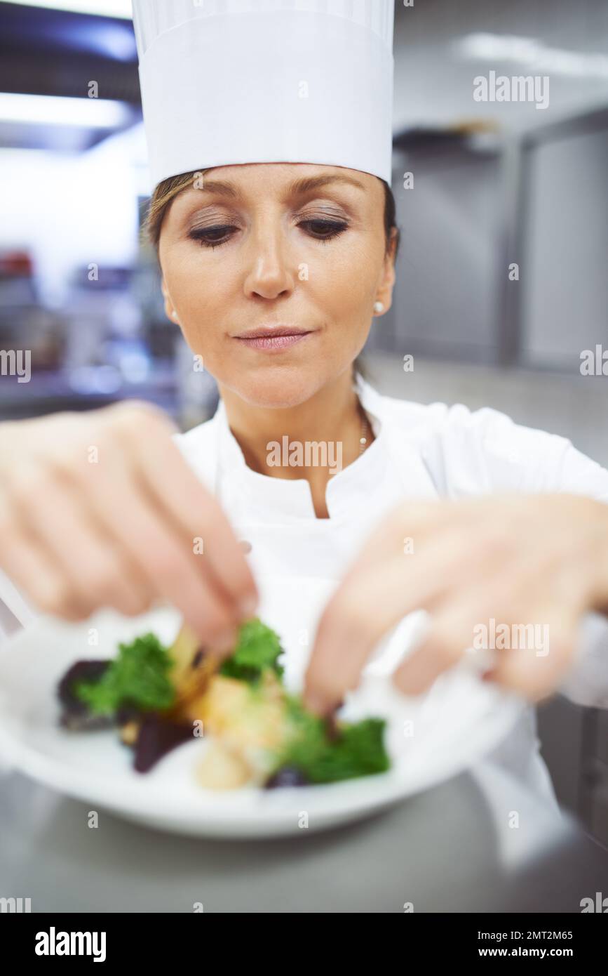 L'essenza dell'alta cucina. uno chef che mette gli ultimi tocchi su un piatto da pranzo in una cucina professionale. Foto Stock