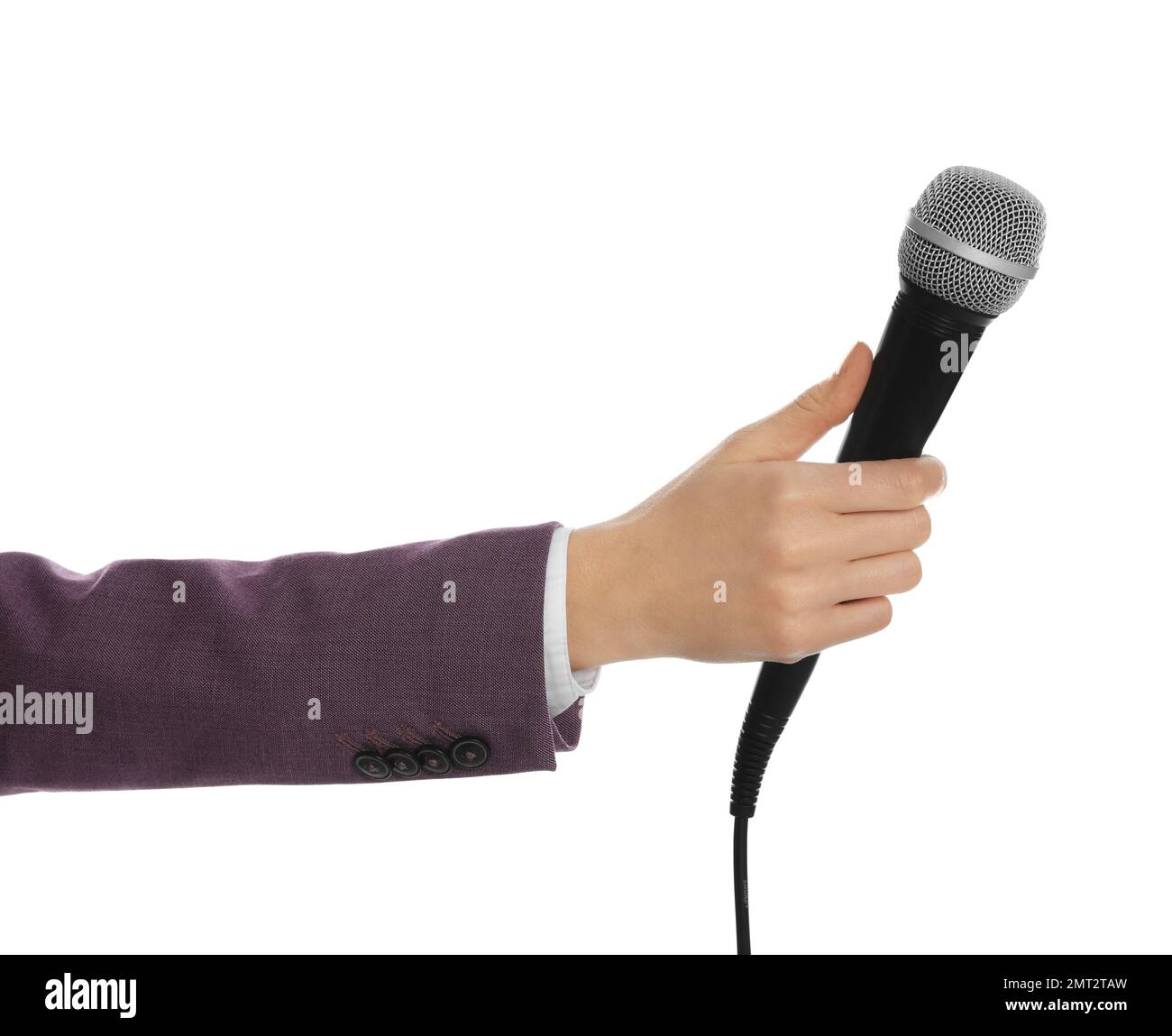 Giornalista professionista con microfono su sfondo bianco, primo piano Foto Stock