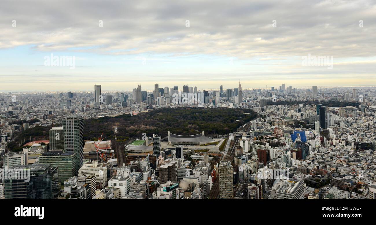 Una vista del parco di Yoyogi, di Shinjuku e dell'area di Harajuku a Tokyo, Giappone. Foto Stock