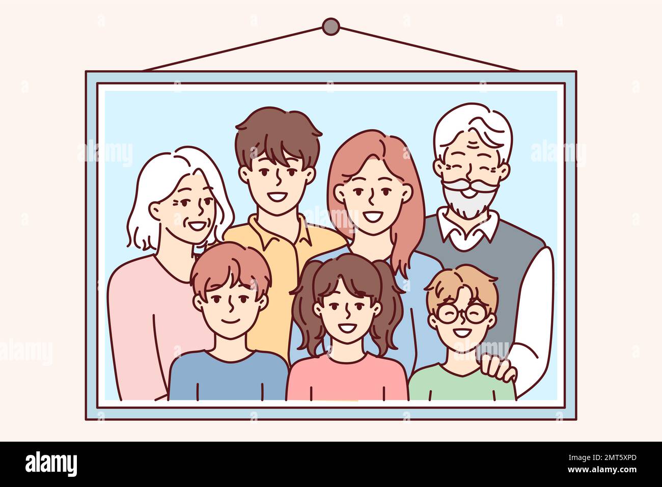 Ritratto fotografico di famiglia in cornice con bambini adolescenti e nonni dai capelli grigi appeso al muro. I genitori e tre bambini sorridono per catturare momenti felici durante la domenica si riuniscono. Disegno vettoriale piatto Illustrazione Vettoriale