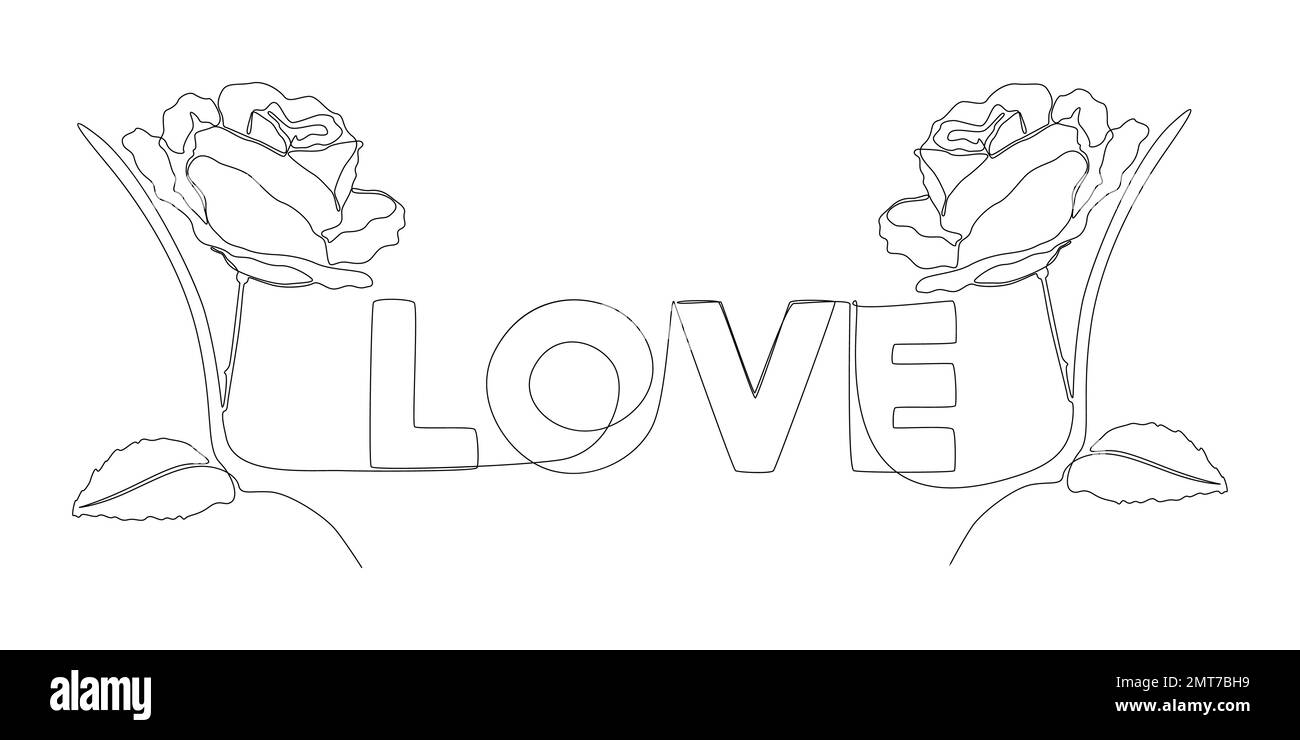 Una linea continua di parola d'amore con due rose. Concetto di vettore di illustrazione a linea sottile. Disegno di contorno idee creative. Illustrazione Vettoriale