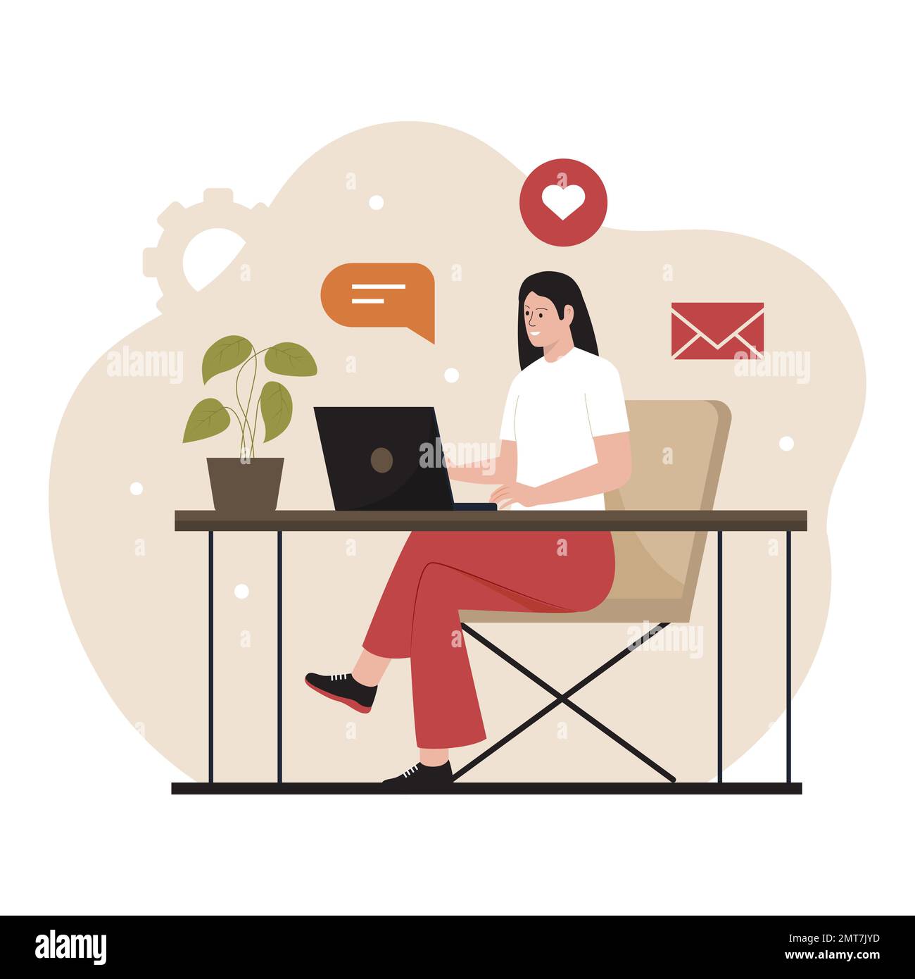 Donna che lavora alla scrivania con un computer portatile. Illustrazione per siti Web, landing page, app per dispositivi mobili, poster e banner. Vettore piano trendy i Illustrazione Vettoriale