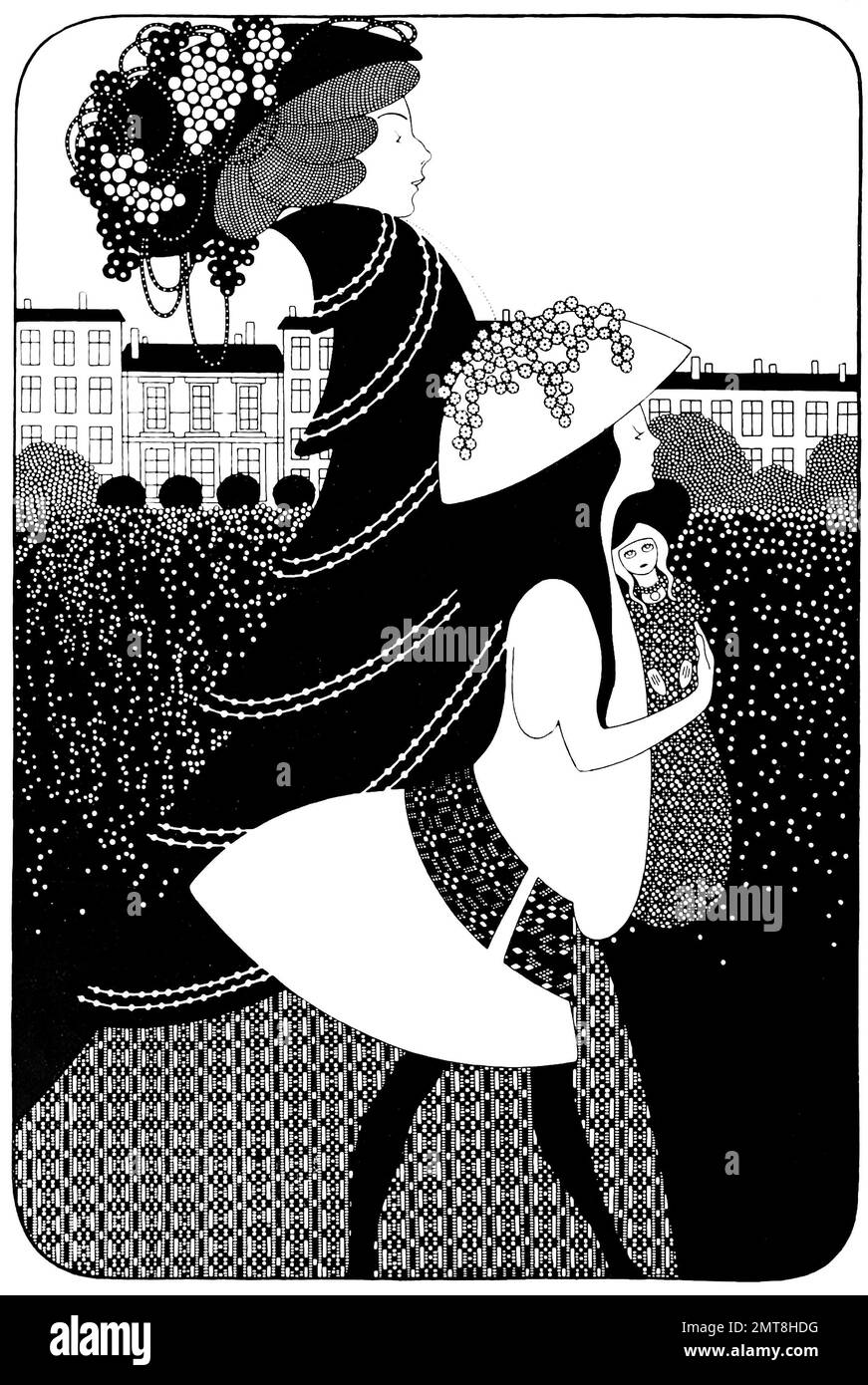 Julius Klinger - elegante signora con cappello decorato cammina con un bambino che tiene la sua bambola. Foto Stock