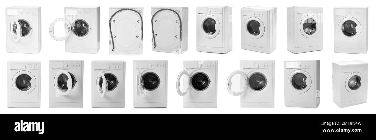 Set con moderne lavatrici su sfondo bianco. Design del banner Foto Stock