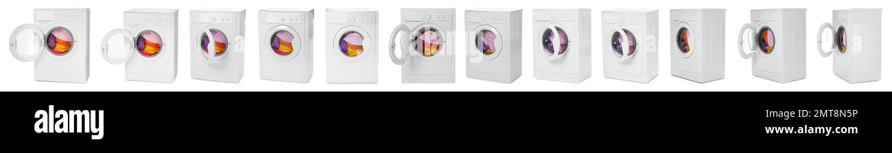 Set con moderne lavatrici su sfondo bianco. Design del banner Foto Stock