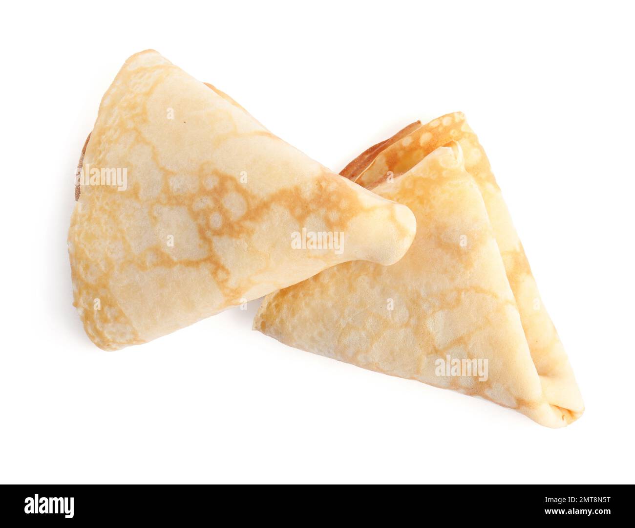 Pancake freschi e sottili piegati isolati su bianco, vista dall'alto Foto Stock