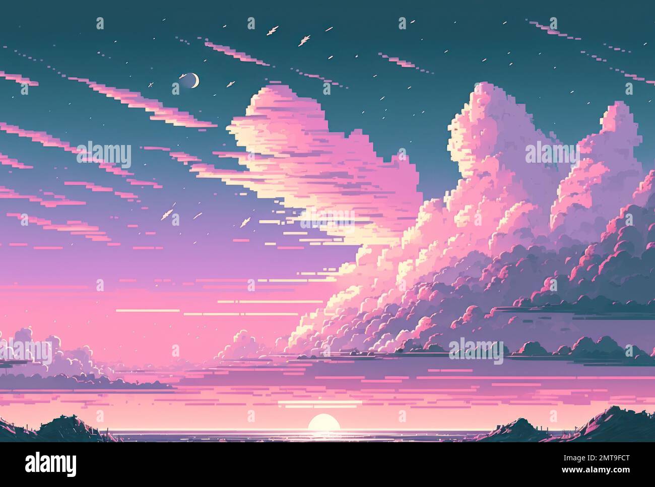 Pastello dolce blu rosa cielo pixel stile d'arte. sfondo con spazio di copia Foto Stock