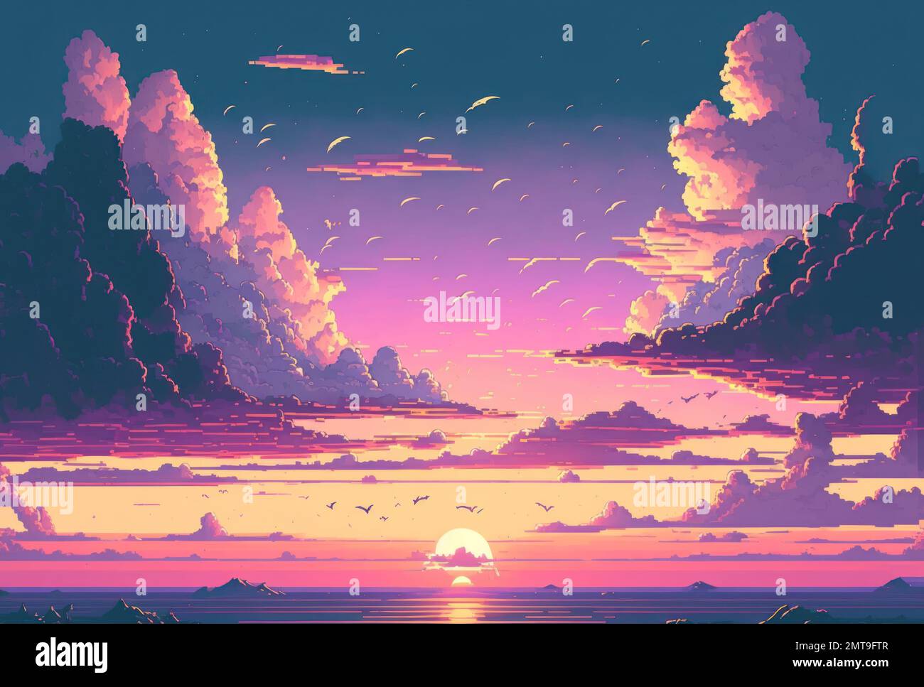 Pastello dolce blu rosa cielo pixel stile d'arte. sfondo con spazio di copia Foto Stock