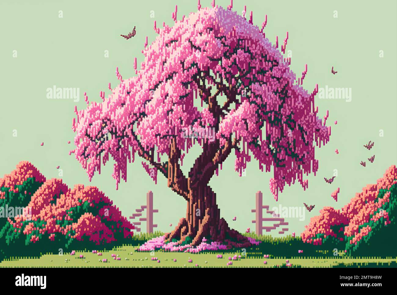 Primavera stagione ciliegia fiore albero con bellissimo paesaggio sfondo pixel arte stile Foto Stock