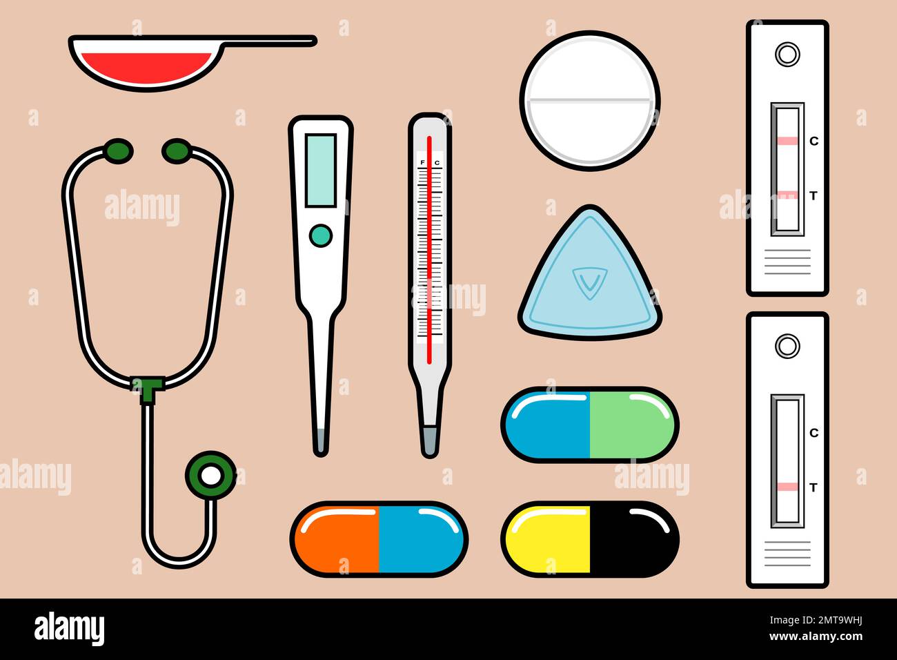 grafica vettoriale icona piatta clipart materiale medico -covid19, kit per test antigeni, termometro, termometro digitale, stetoscopio, medicina, pillole, capsula col Illustrazione Vettoriale