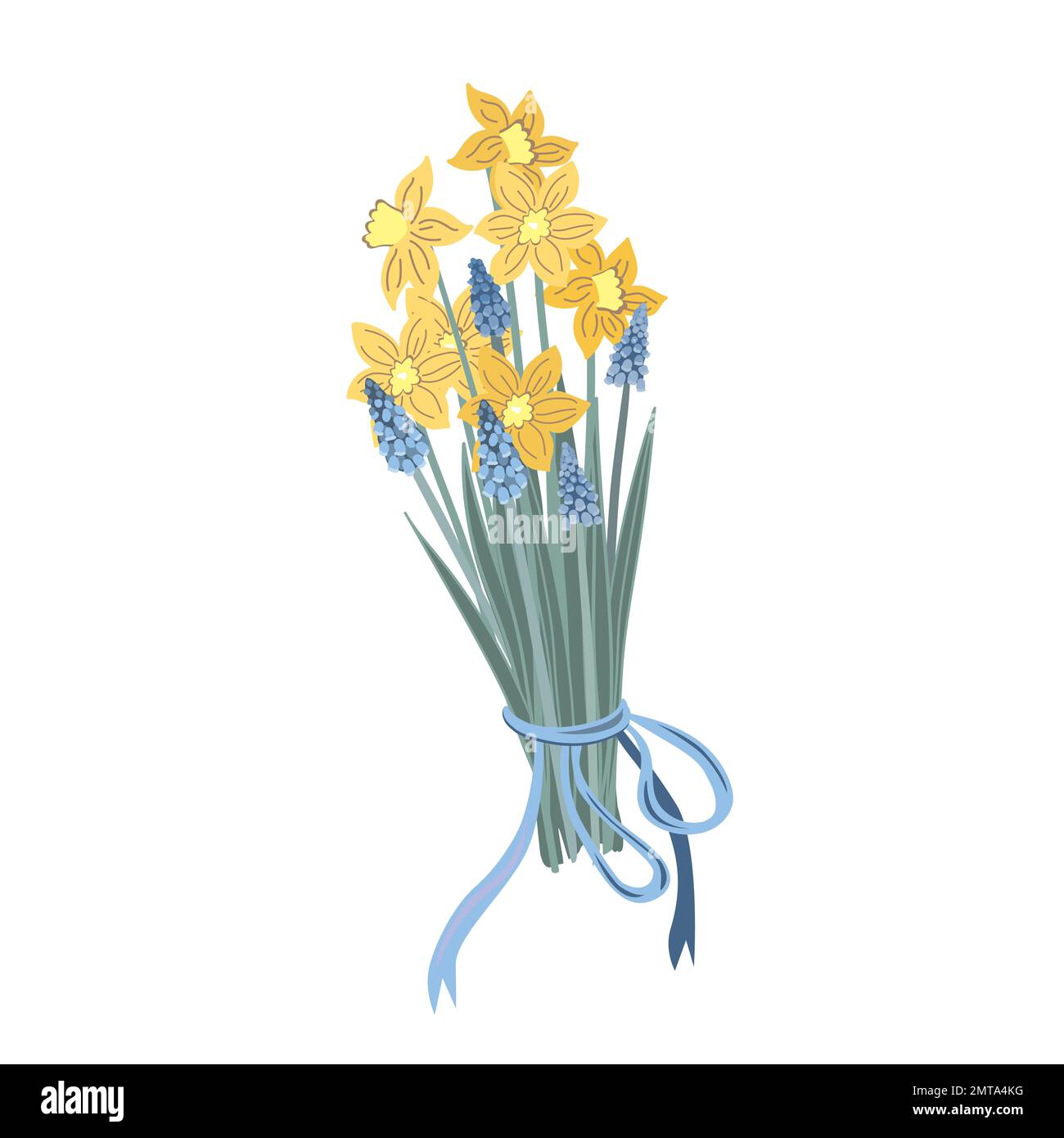 Primavera fioritura daffodils giallo e giacinti blu, primavera fioritura muscari e narciso fiori bouquet, illustrazione isolata vettoriale Illustrazione Vettoriale