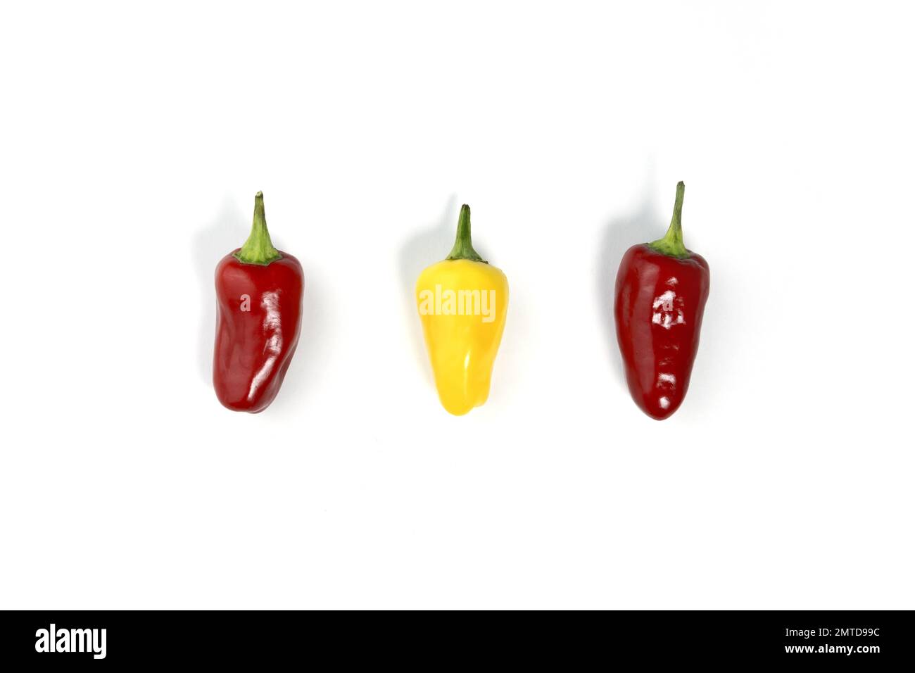 Peperoncino rosso e giallo isolato su bianco con ombra, vista dall'alto. Spezie calde. Farmaci. Foto Stock