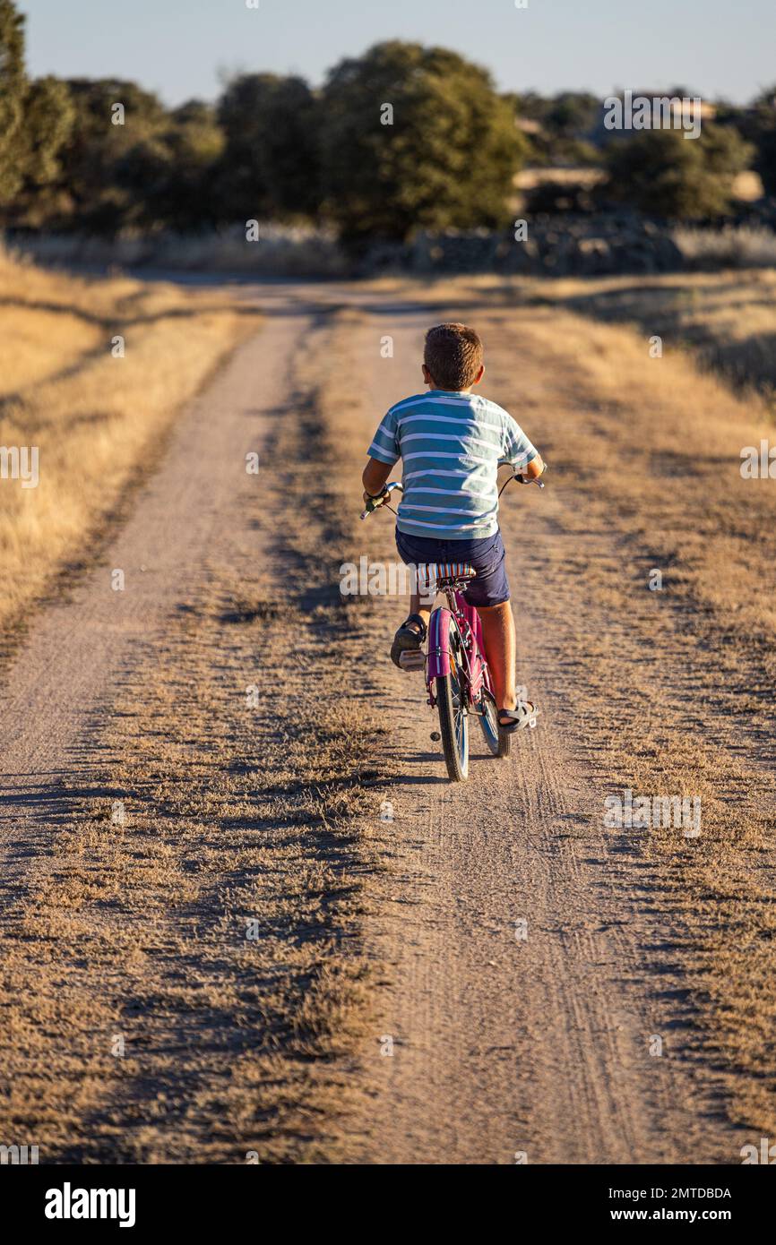 Ragazzino in bicicletta in campagna. Vista posteriore. Foto Stock