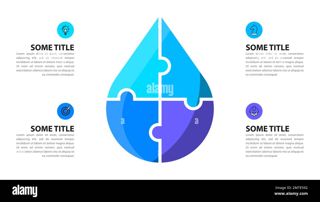 Modello infografico con icone e 4 opzioni o passaggi. Goccia d'acqua. Può essere utilizzato per il layout del flusso di lavoro, il diagramma, il banner, il webdesign. Illustrazione vettoriale Illustrazione Vettoriale