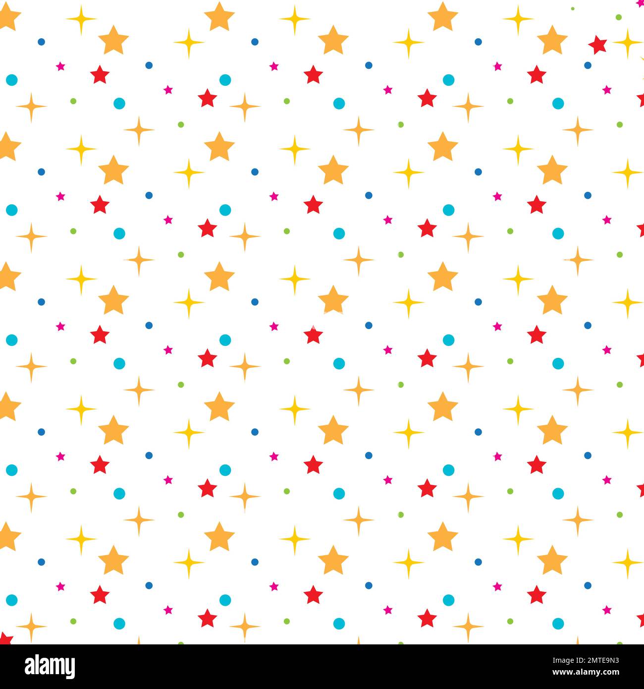 Motivo senza cuciture con piccole stelle arrotondate, punti e tratti su sfondo bianco. Illustrazione Vettoriale