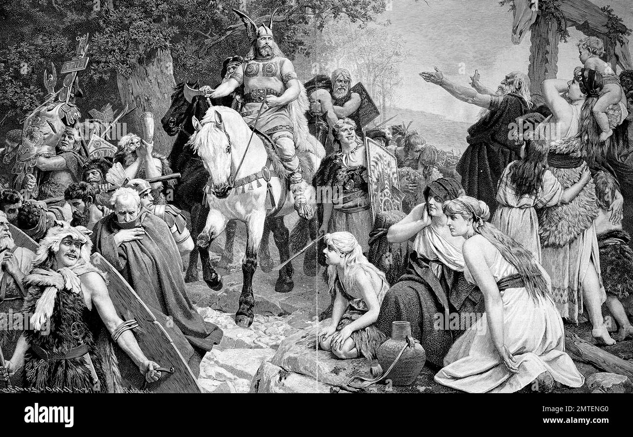 Homecoming tedeschi dopo la battaglia della foresta di Teutoburgo, Schlacht im Teutoburger Wald, Hermannsschlacht o Varusschlacht Foto Stock