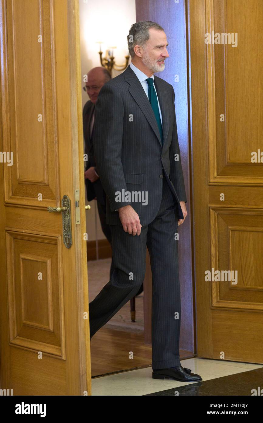 Madrid. Spagna. 20230201, il re Felipe VI di Spagna partecipa ad un'udienza con un rappresentante della Fondazione della Croce Rossa Spagnola a Palazzo Zarzuela il 1 febbraio 2023 a Madrid, Spagna Foto Stock