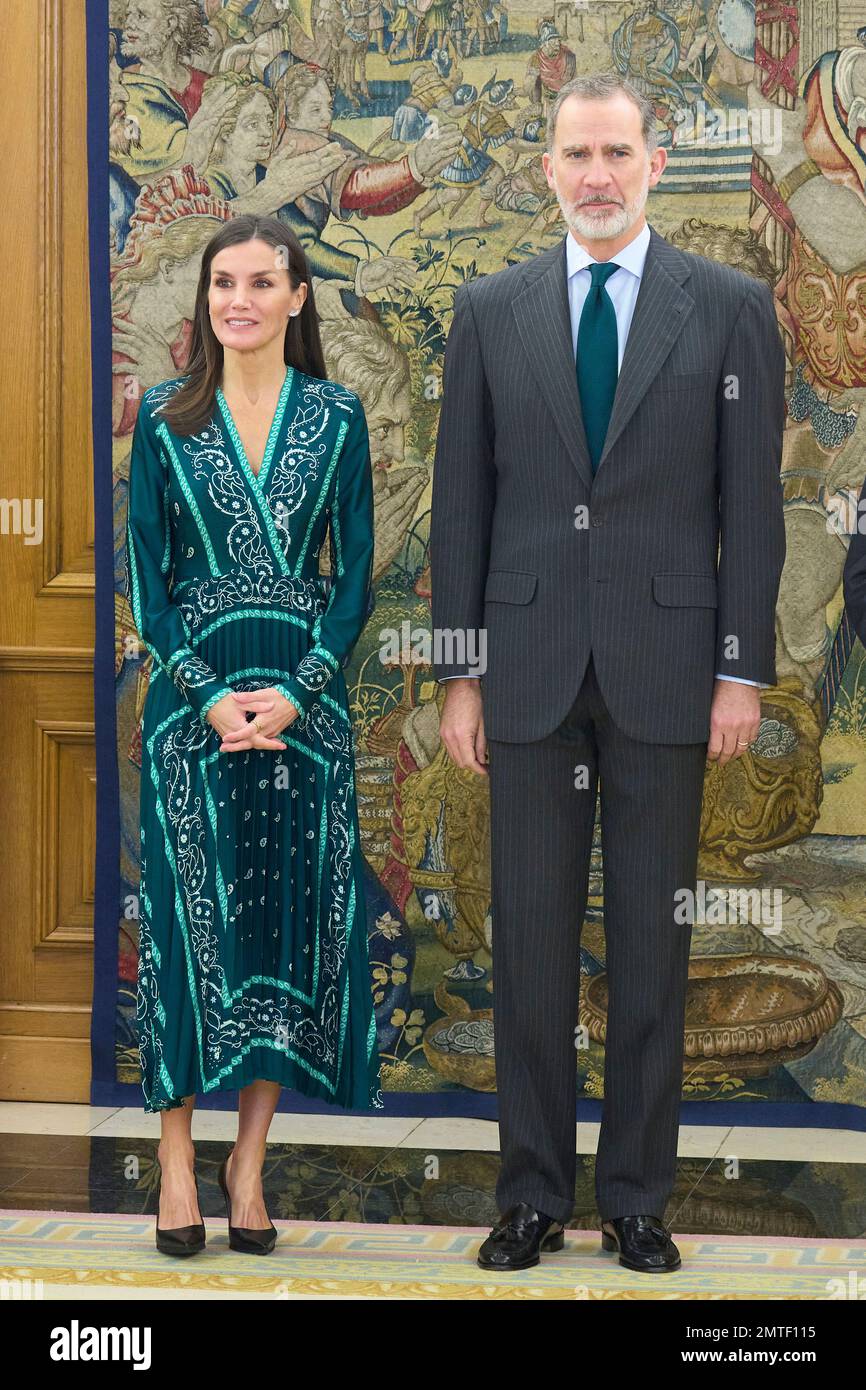 Madrid. Spagna. 20230201, re Felipe VI di Spagna, la regina Letizia di Spagna partecipa ad un'udienza con un rappresentante della Fondazione della Croce Rossa Spagnola a Palazzo Zarzuela il 1 febbraio 2023 a Madrid, Spagna Foto Stock
