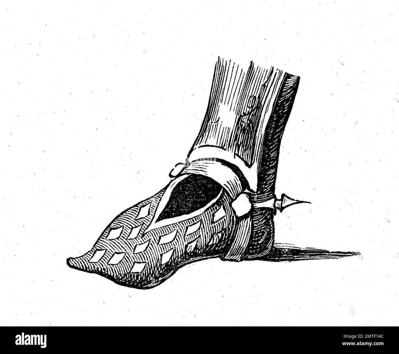 Scarpe, la moda del passato. scarpa di un cavaliere dalla Francia, 13. secolo, storico illustrazione, xilografia Foto Stock