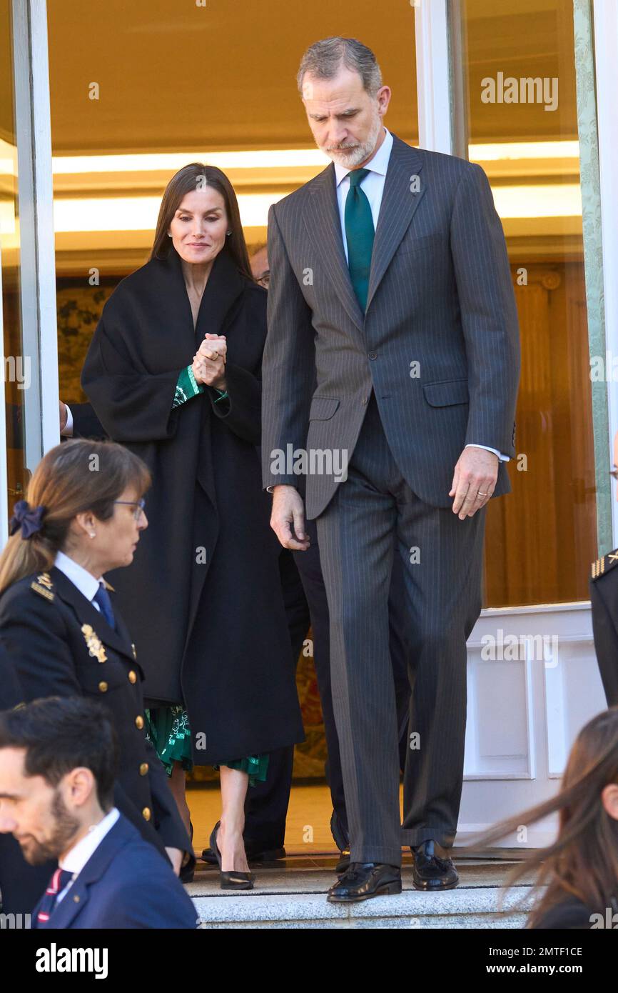 Madrid. Spagna. 20230201, Re Felipe VI di Spagna, Regina Letizia di Spagna partecipa alla sessione plenaria della Commissione Nazionale per la commemorazione del bicentenario della polizia Nazionale. Al Palazzo Zarzuela il 1 febbraio 2023 a Madrid, Spagna Foto Stock