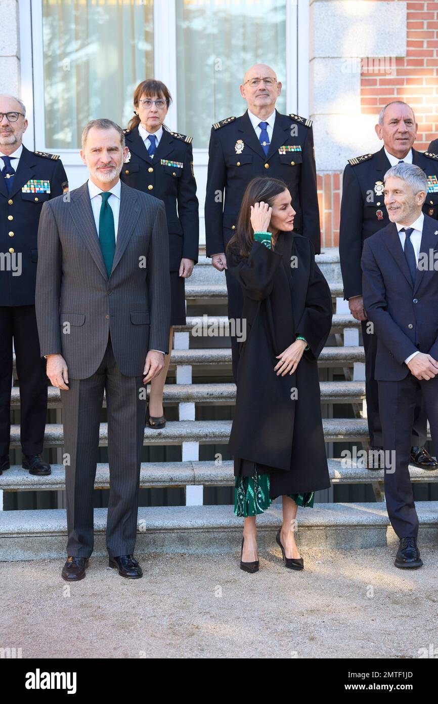 Madrid. Spagna. 20230201, Re Felipe VI di Spagna, Regina Letizia di Spagna partecipa alla sessione plenaria della Commissione Nazionale per la commemorazione del bicentenario della polizia Nazionale. Al Palazzo Zarzuela il 1 febbraio 2023 a Madrid, Spagna Foto Stock