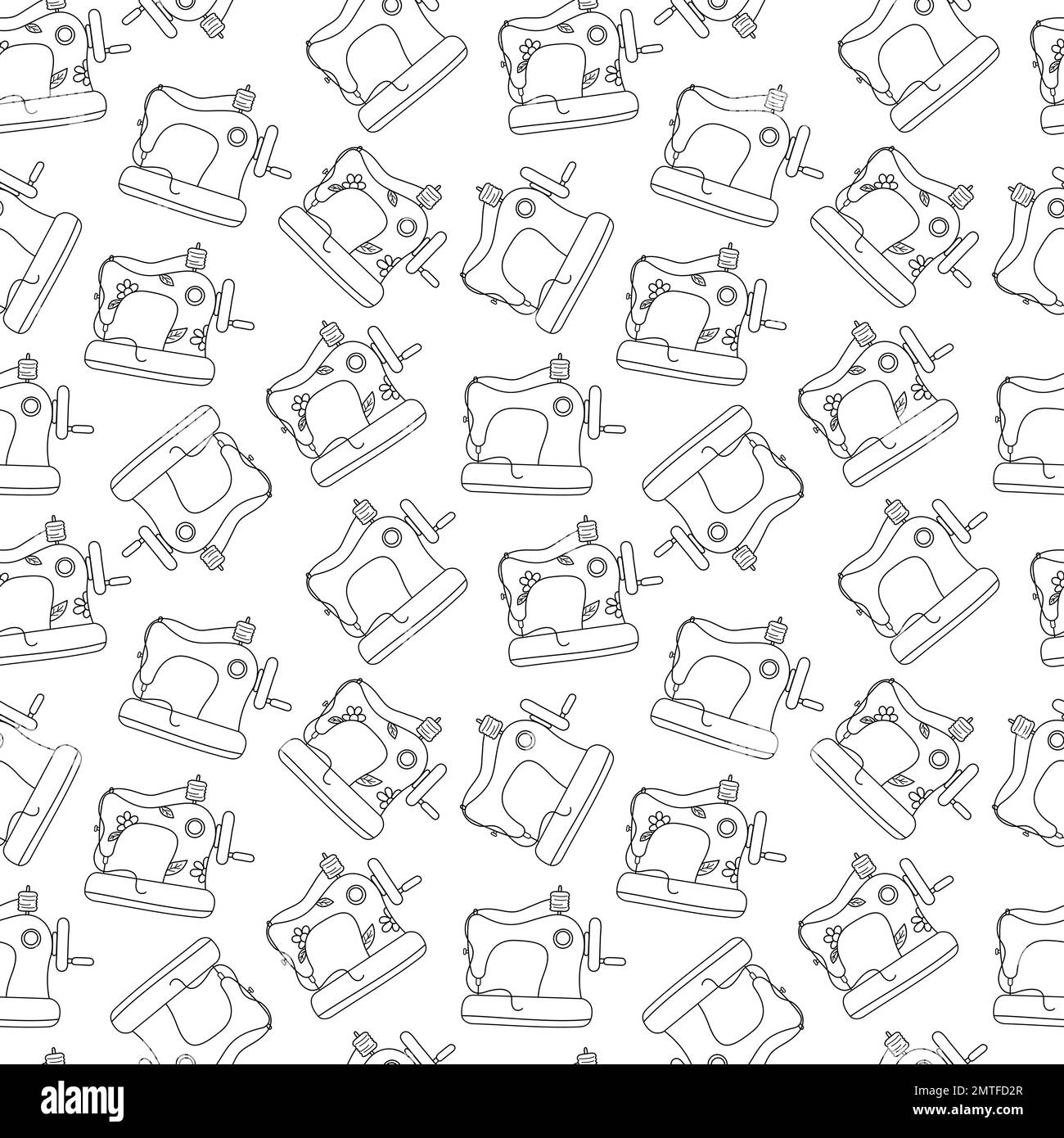 Macchine da cucire modello. Sfondo vettoriale senza giunture. Colori bianco e nero. Figura di ripetizione Doolde. Contorno attrezzatura da cucire. Illustrazione Vettoriale