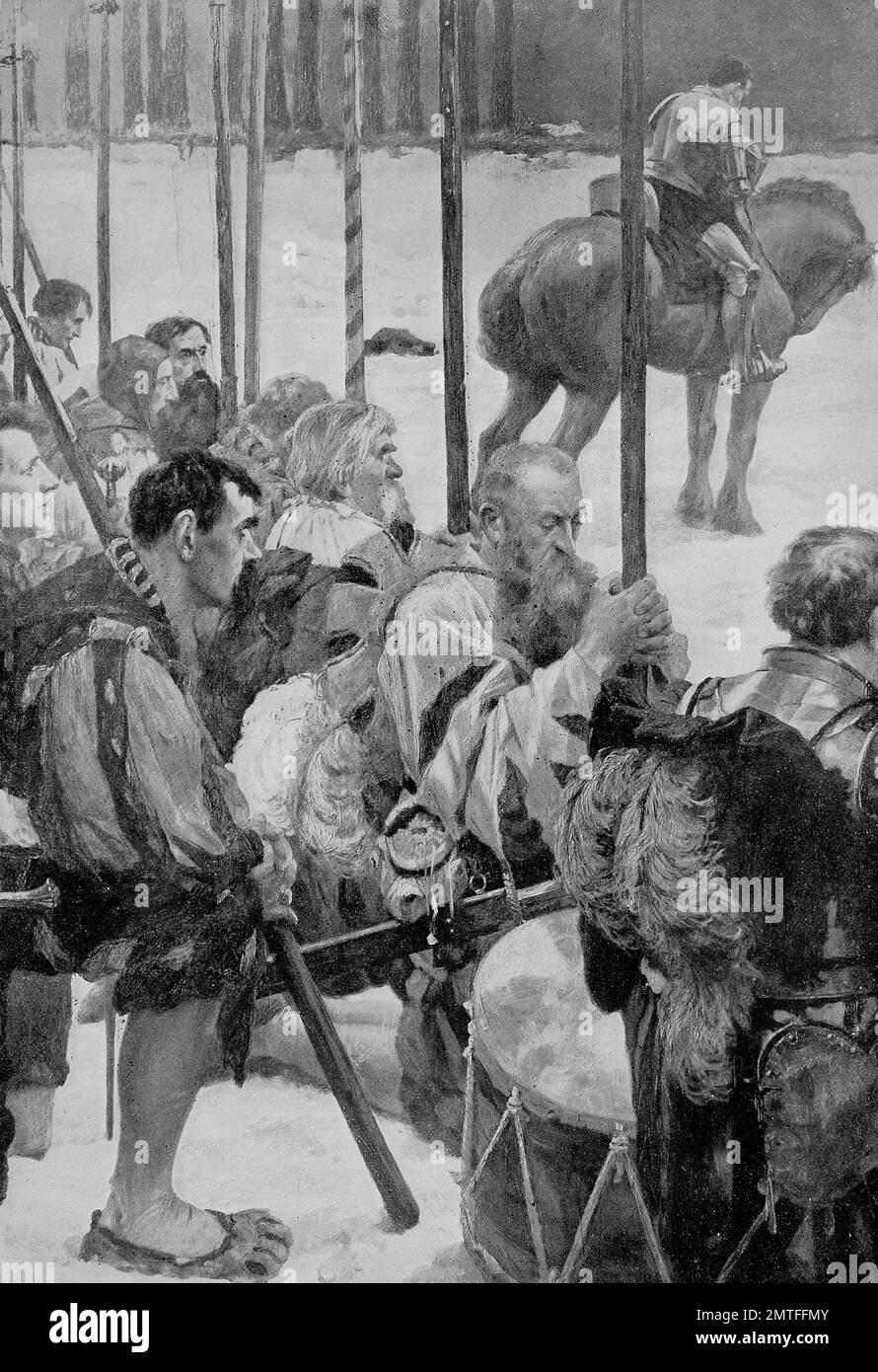 Landsknecht prima di una battaglia dopo un dipinto di F. Mueller-Muenster, illustrazione storico Foto Stock
