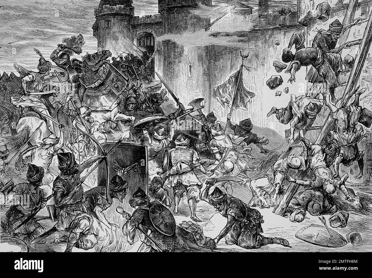 I Turchi infront di Vienna. L'assedio di Vienna nel 1529 fu il primo tentativo da parte dell'Impero Ottomano, guidato dal sultano Solimano il Magnifico, per catturare la città di Vienna, Austria, illustrazione storico Foto Stock