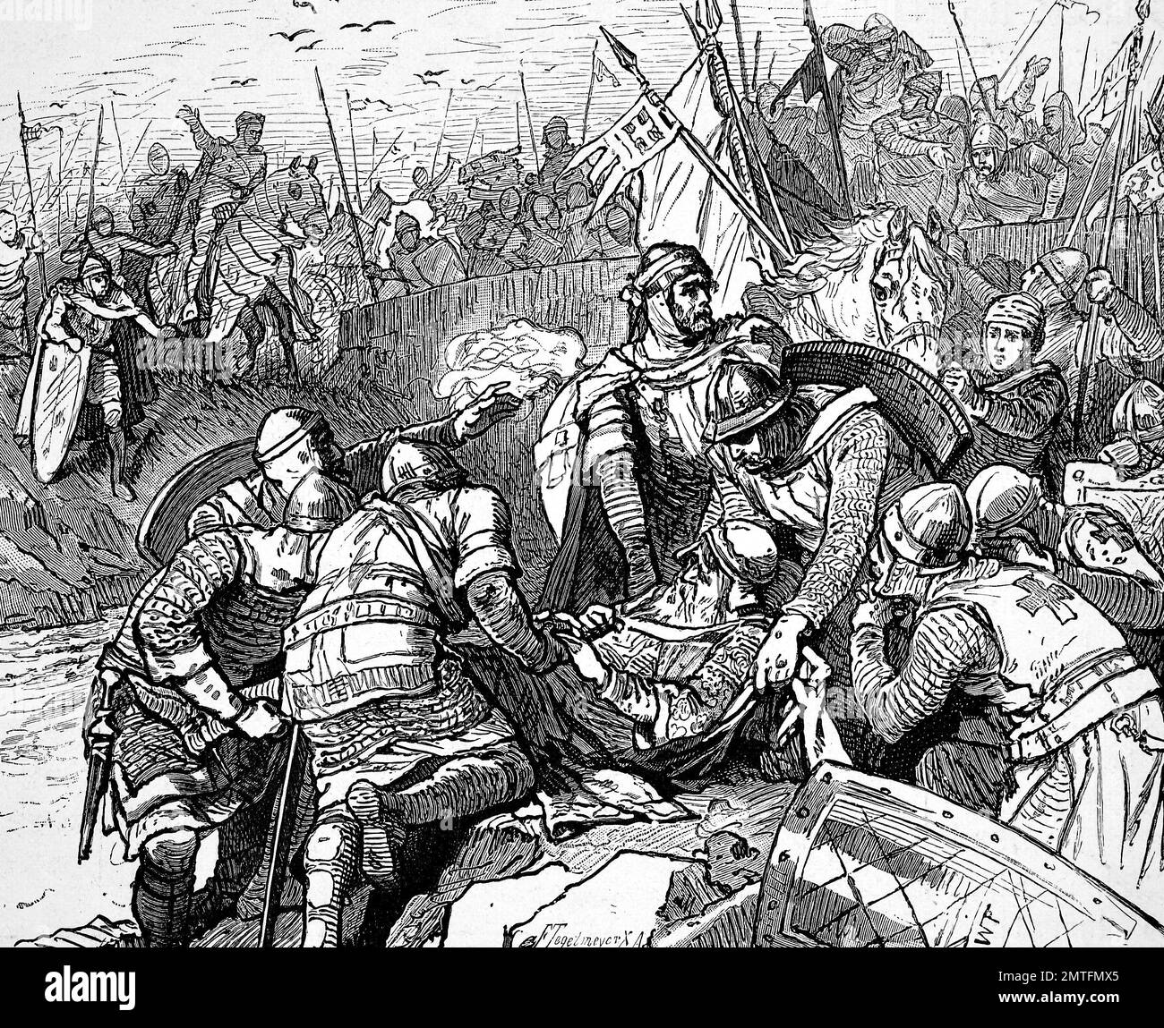 La morte di Federico I, Friedrich, 1122 - 10 giugno 1190, anche noto come Federico Barbarossa fu Sacro Romano Imperatore dal 1155 fino alla sua morte, illustrazione storico Foto Stock