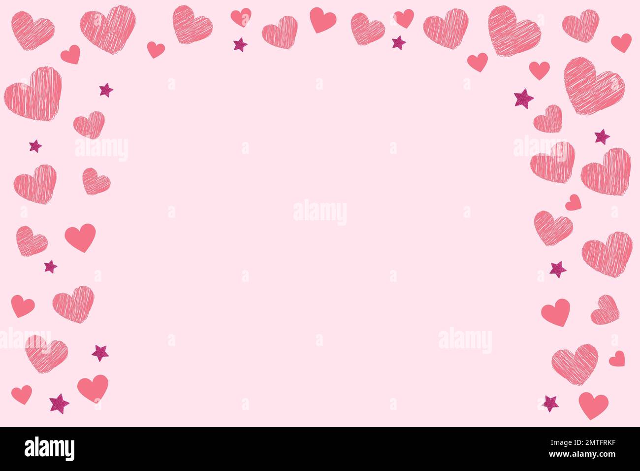 i cuori rosa disegnati a mano e le stelle glitterate modellano i doodles su fondo rosa piatto per il messaggio o gli articoli. bella carta per la celebrazione o l'invito Foto Stock