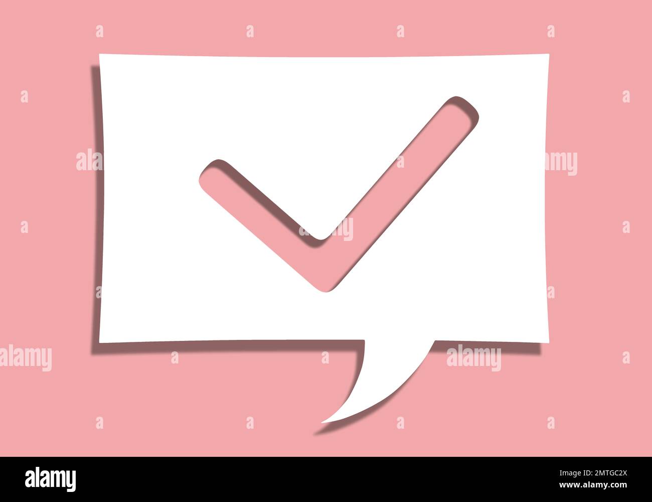 Etichetta, carta sotto forma di messaggio. Carta sulla parete in rosa. segnale di conferma. Segno di spunta. Segnale OK Foto Stock
